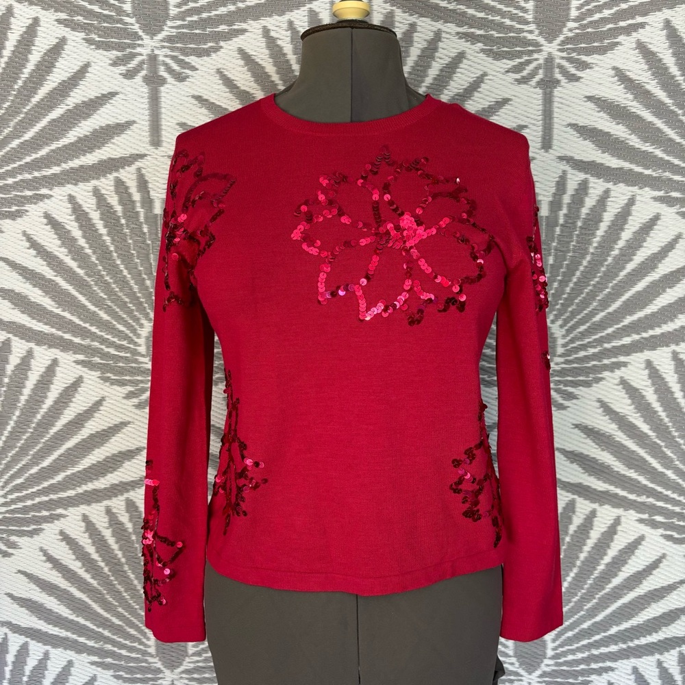 Vtg Red Sequin Silk Blend Sweater Women’s M Holiday Party Christmas Top Y2K